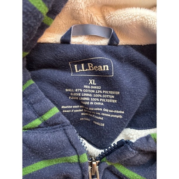 LL Bean Navy Blue Green Striped Fleece Lined Hoodie Full Zip XL - Picture 3 of 7
